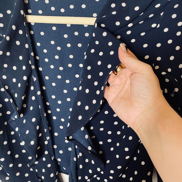 Revolve Eight Sixty Navy Cream Polka Dot Wrap Front-V Bell Sleeve Crop Top SM - Picture 8 of 9